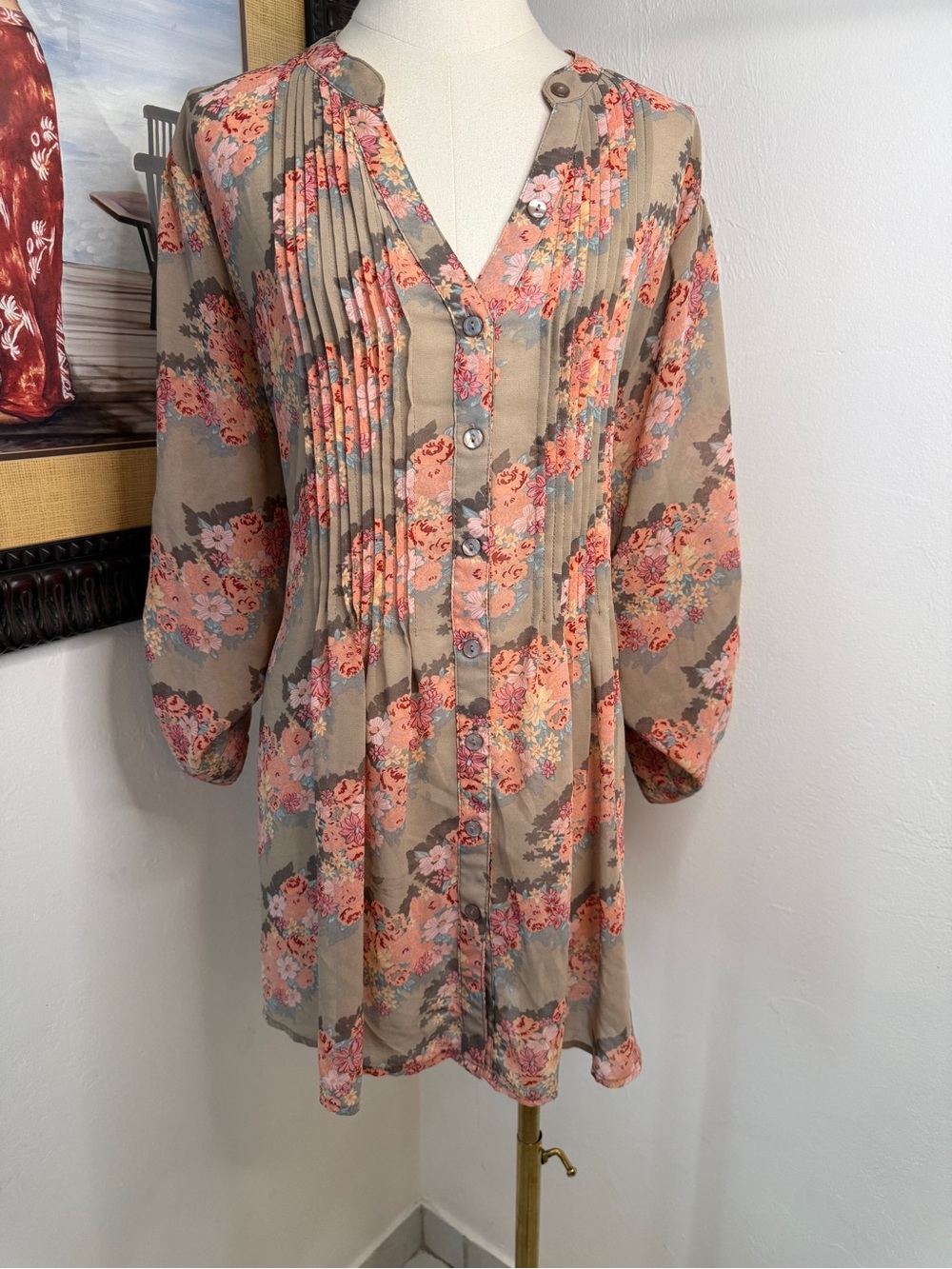 American Rag Floral Pintuck Button-Front Tunic in Taupe and Coral